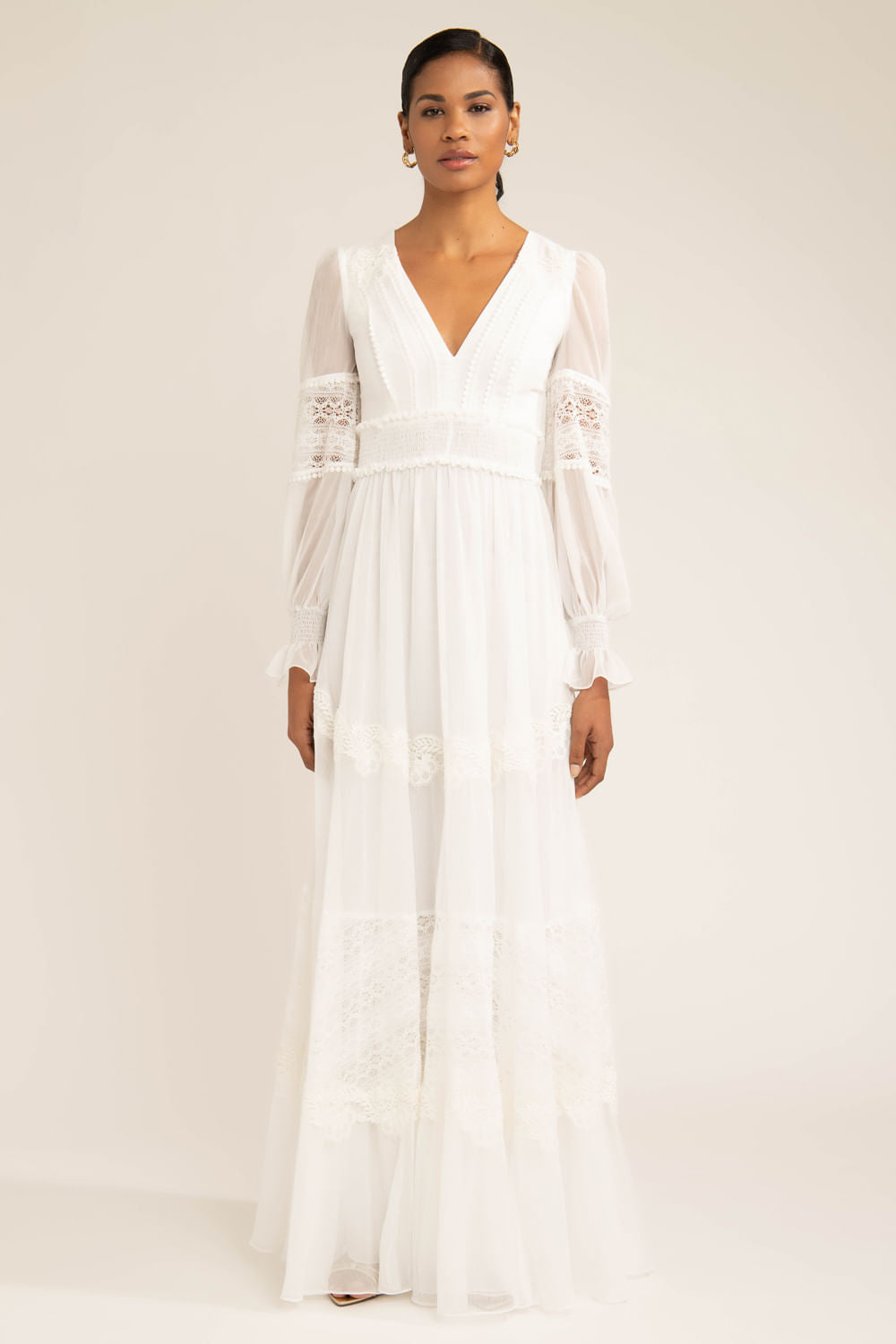 Vestido longo manga renda silky plissê off white