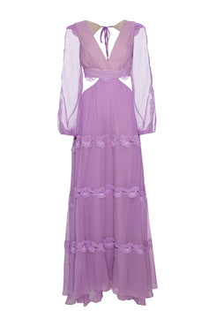 VESTIDO LONGO RECORTES SILKY PLISSÊ LILAS