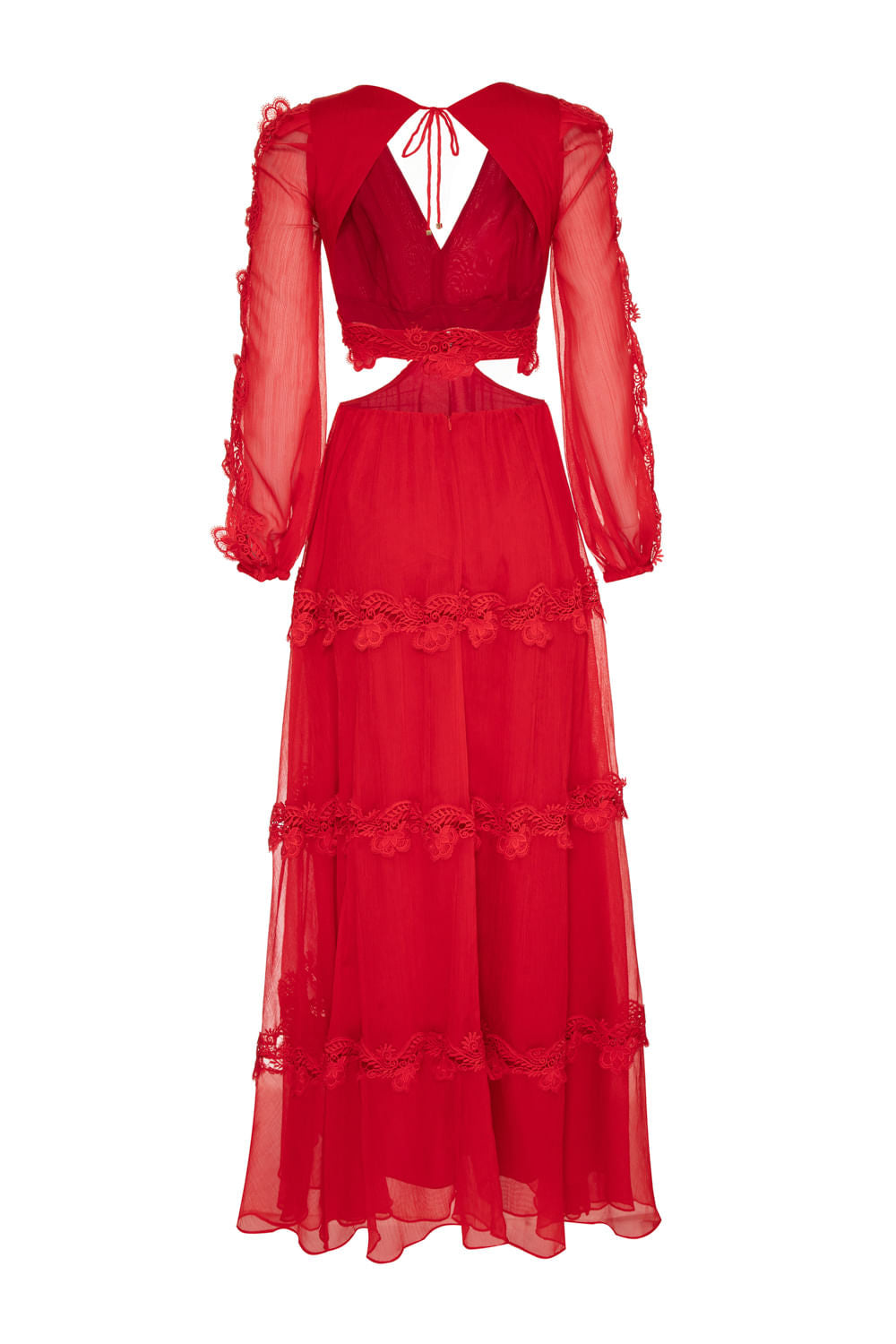 VESTIDO LONGO RECORTES SILKY PLISSÊ VERMELHO