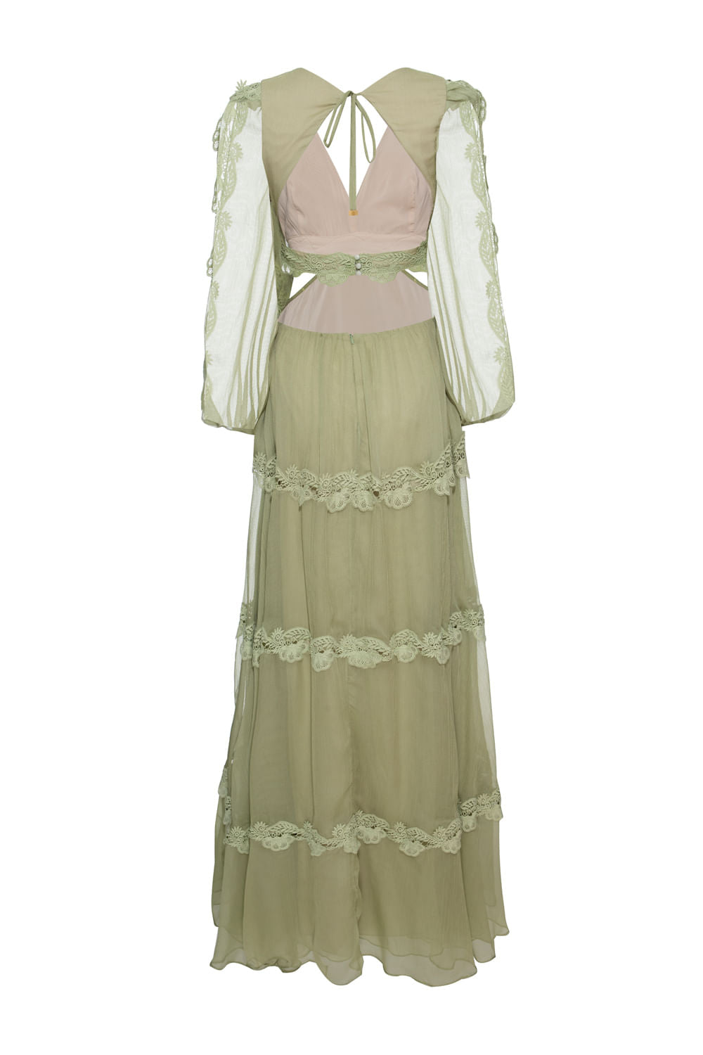 VESTIDO LONGO RECORTES SILKY PLISSÊ VERDE