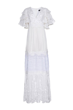 VESTIDO LONGO MANGA BABADO CLEAR LACE OFF WHITE