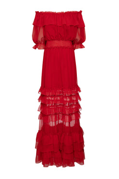 VESTIDO LONGO OMBRO A OMBRO SILKY PLISSÊ VERMELHO