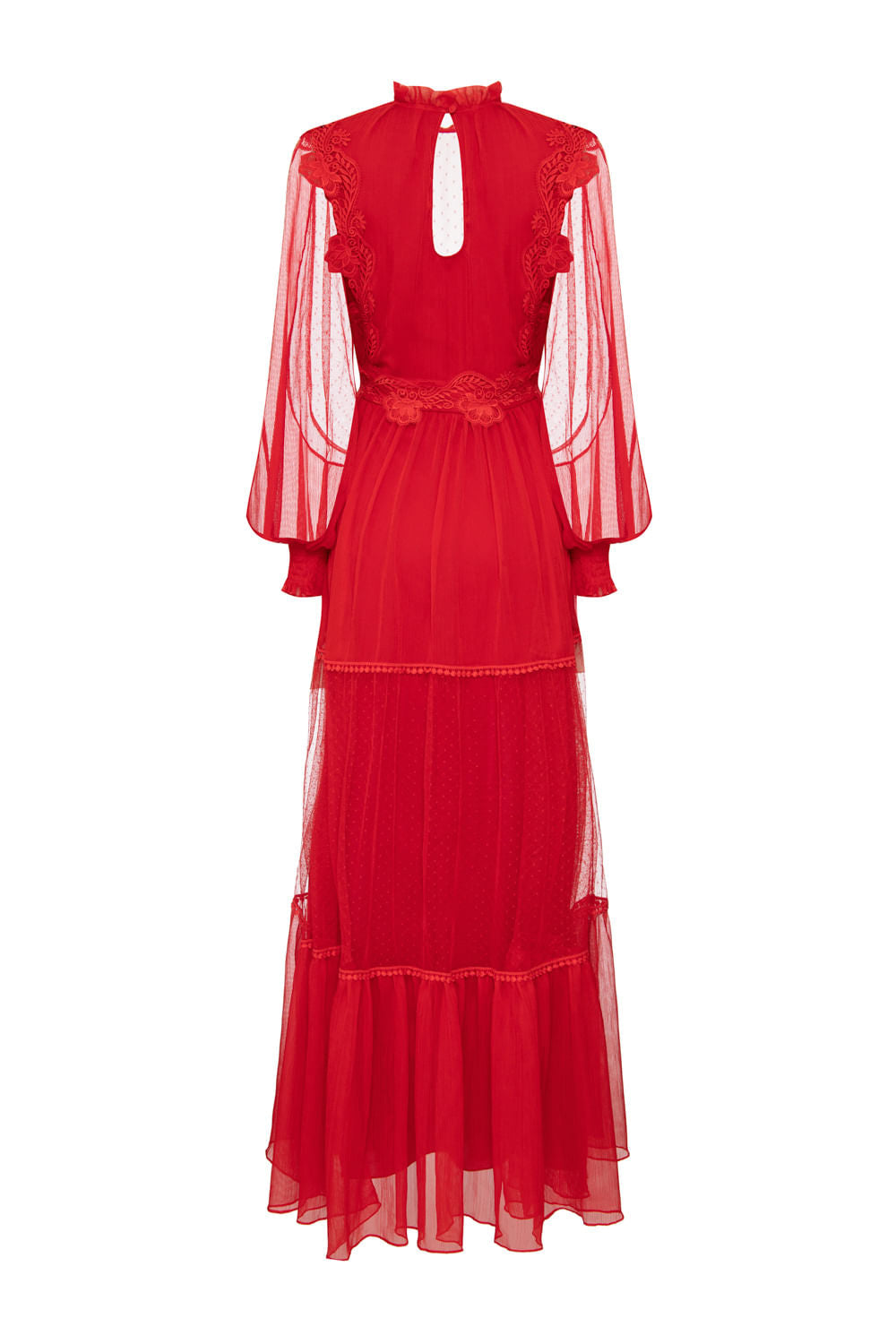 VESTIDO LONGO TULE POÁ SILKY PLISSÊ VERMELHO