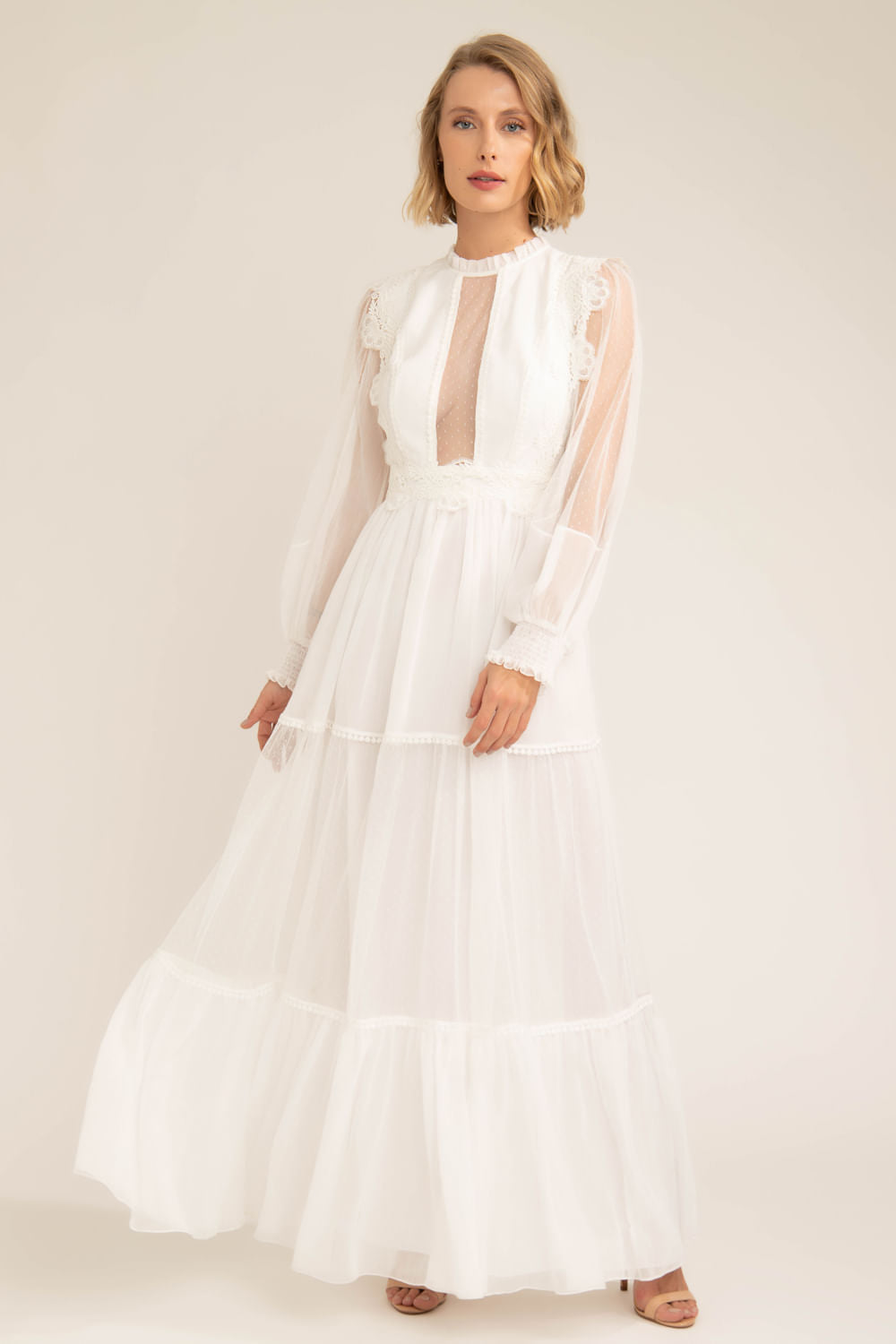 VESTIDO LONGO TULE POÁ SILKY PLISSÊ OFF WHITE