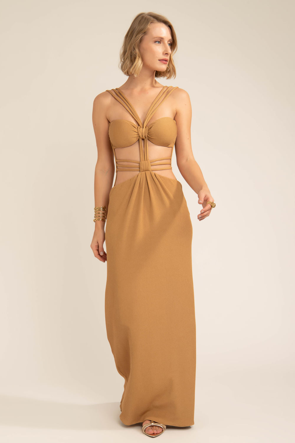 Vestido longo tiras gemini bege