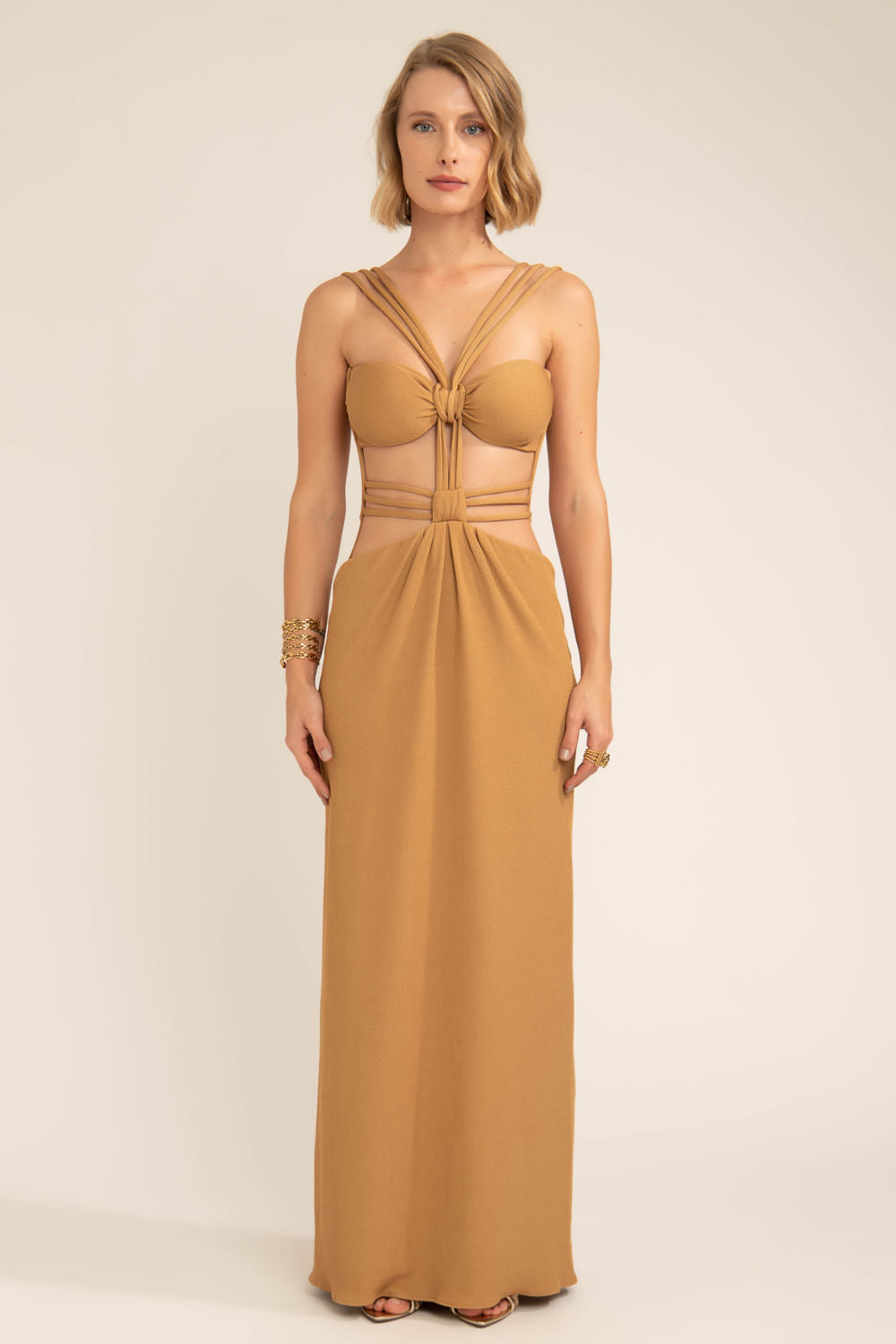 Vestido longo tiras gemini bege