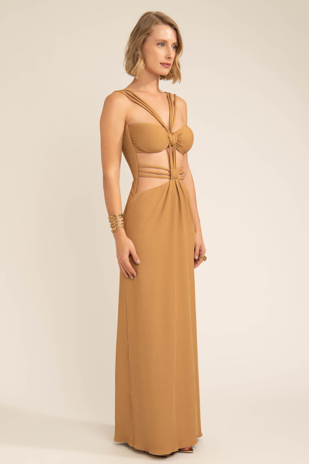 Vestido longo tiras gemini bege