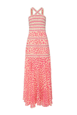 Vestido longo entremeio poá bossa rosa rosa