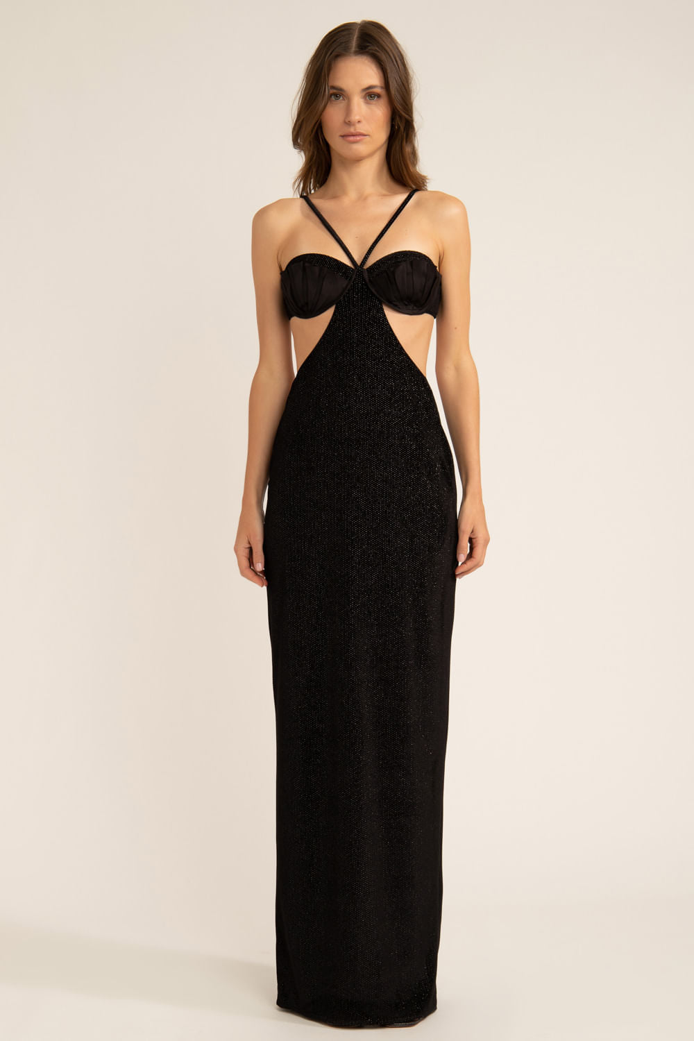 VESTIDO LONGO VELUDO TEXTURIZADO PRETO