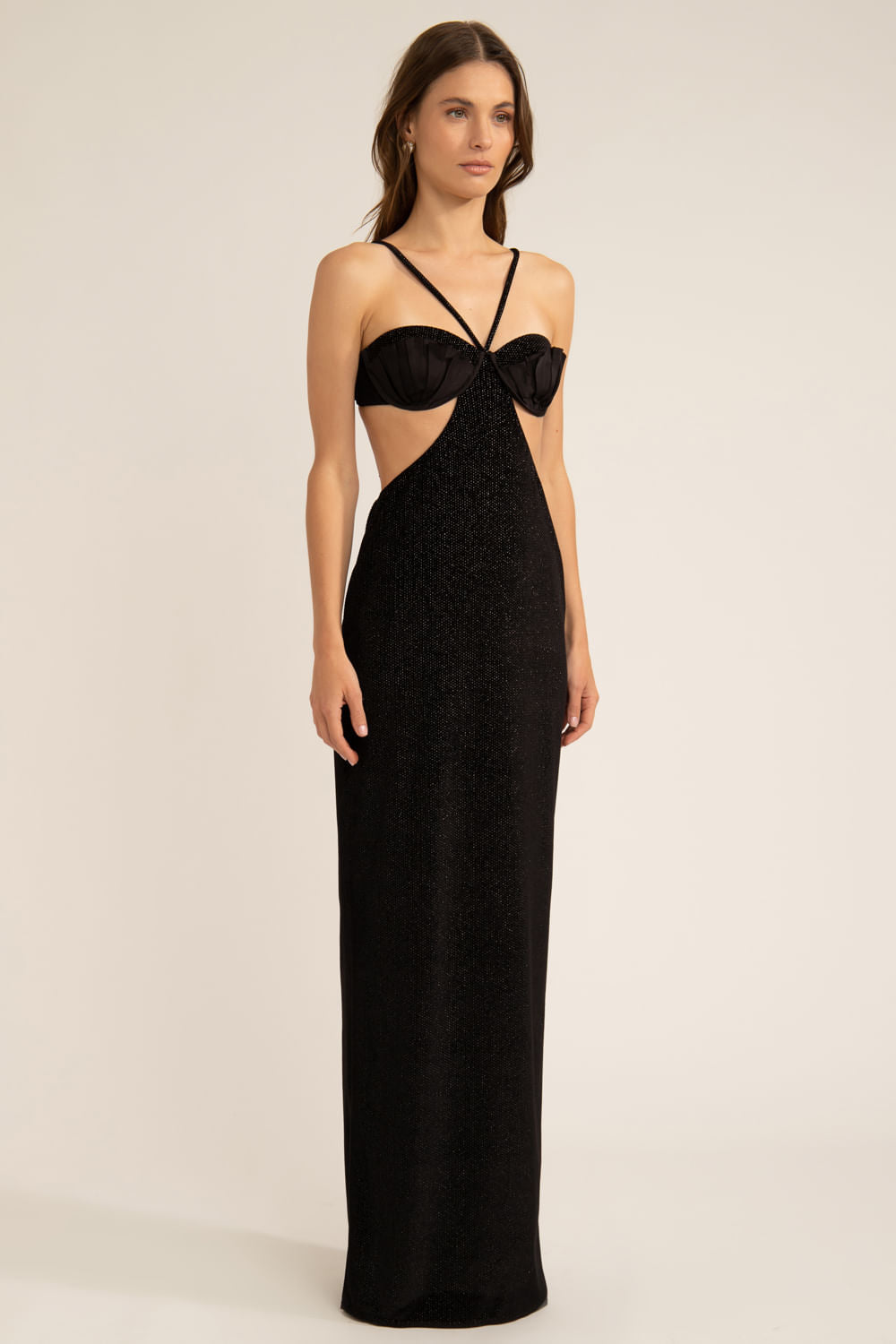 VESTIDO LONGO VELUDO TEXTURIZADO PRETO