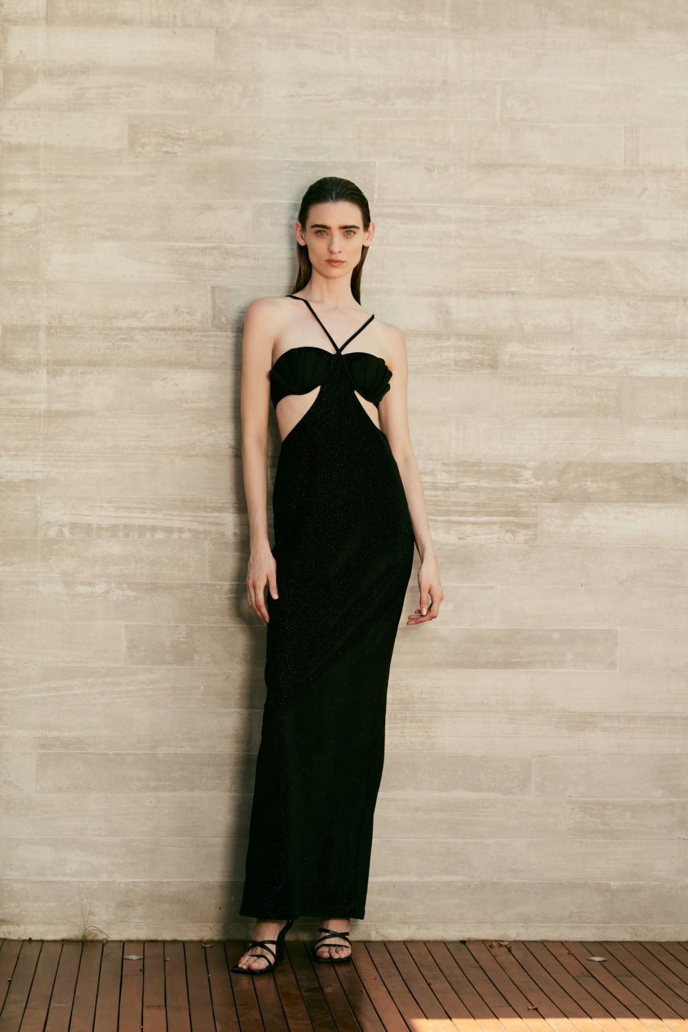 VESTIDO LONGO VELUDO TEXTURIZADO PRETO