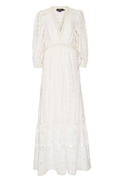 Vestido longo entremeio vazado light laise off white