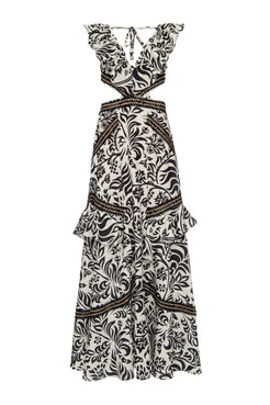 Vestido longo recortes tropical gráfico off white