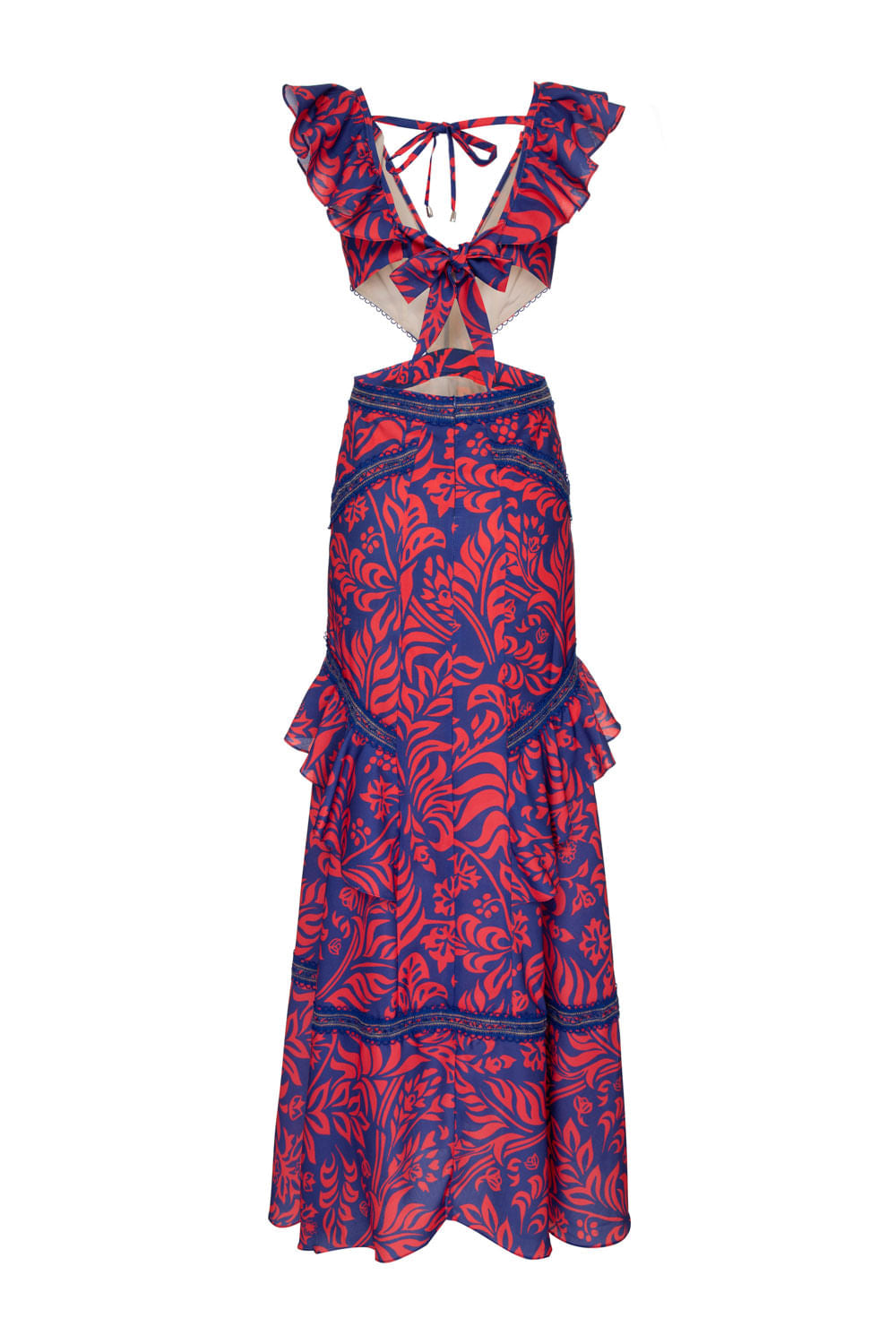 VESTIDO LONGO RECORTES TROPICAL GRÁFICO AZUL