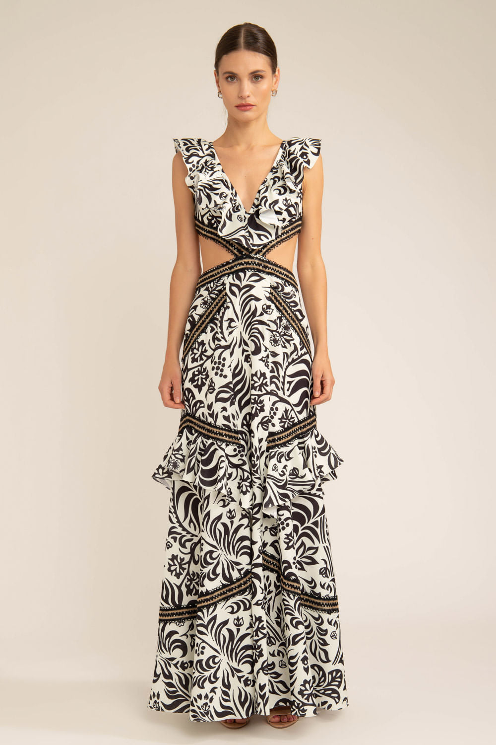 Vestido longo recortes tropical gráfico off white