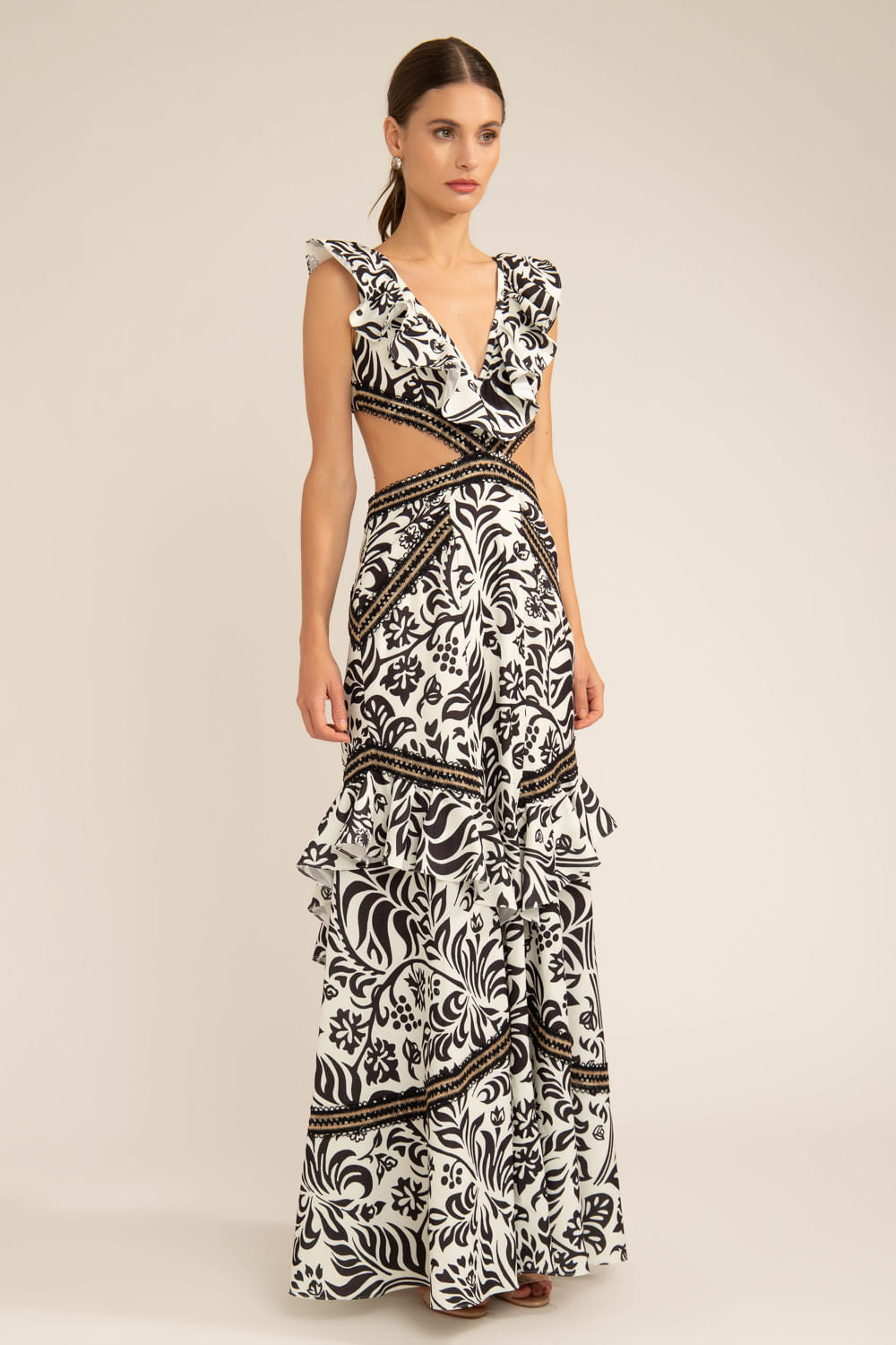 Vestido longo recortes tropical gráfico off white