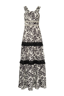 Vestido longo entremeio tropical gráfico off white