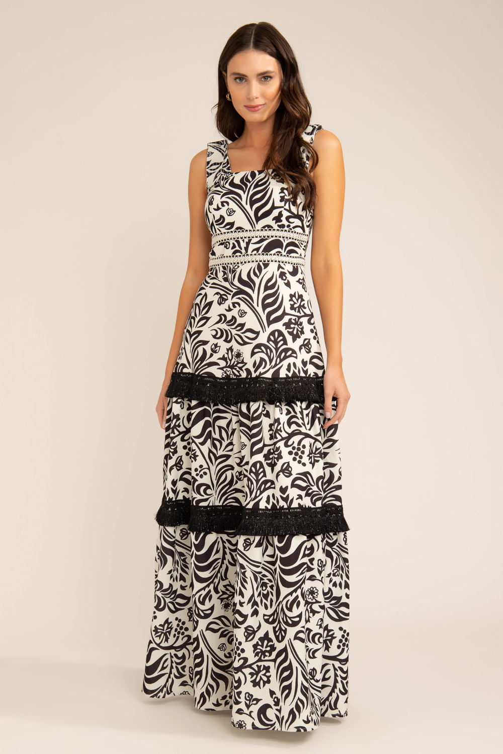 Vestido longo entremeio tropical gráfico off white