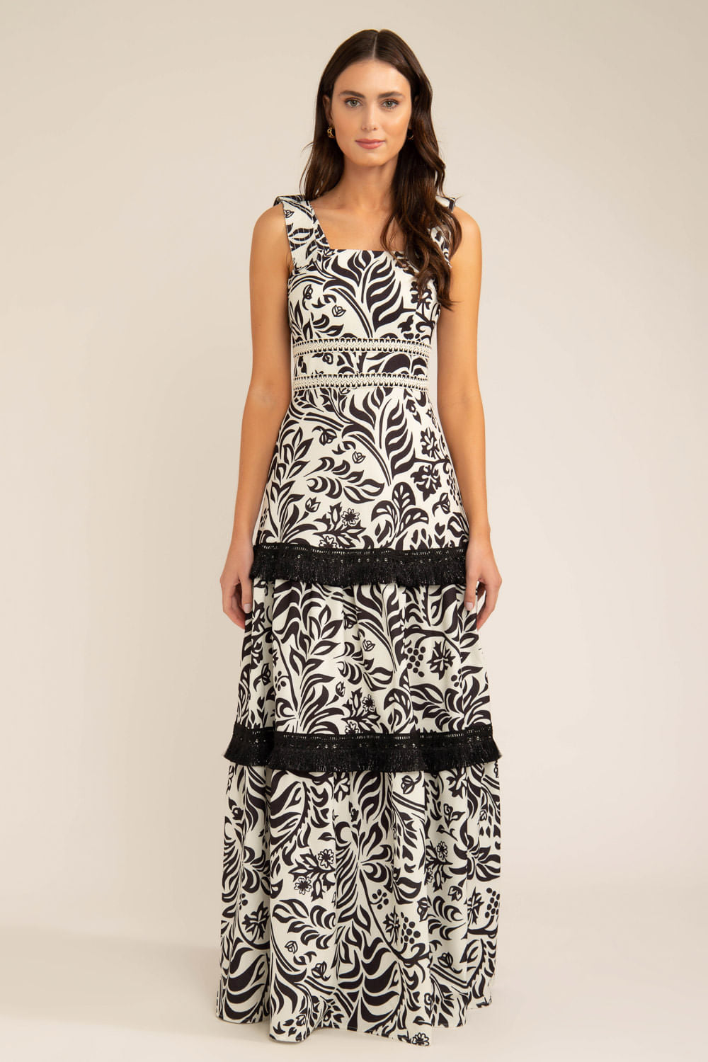 Vestido longo entremeio tropical gráfico off white