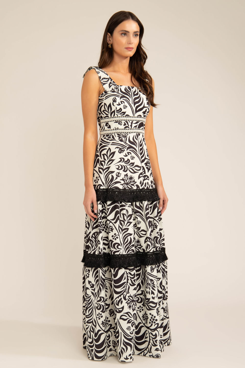 Vestido longo entremeio tropical gráfico off white