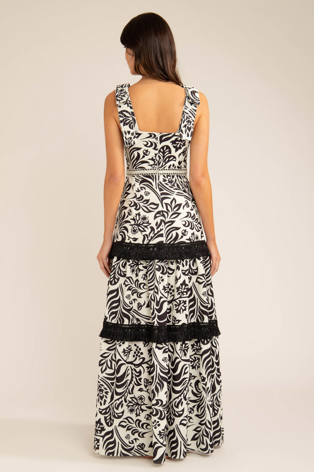 Vestido longo entremeio tropical gráfico off white