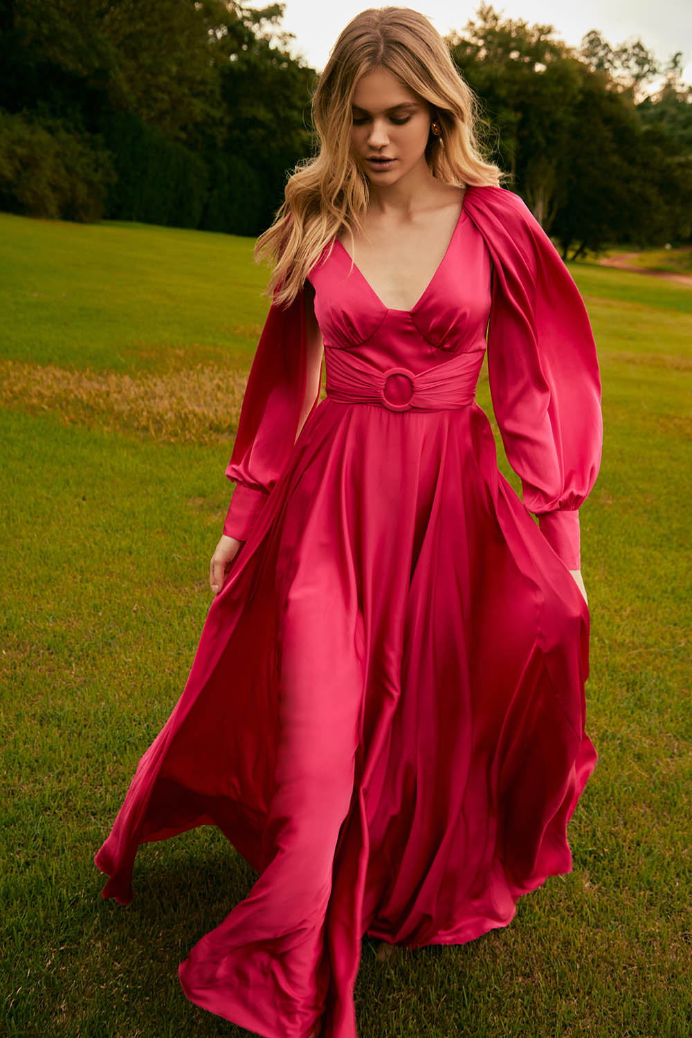Vestido longo cetim statement pink