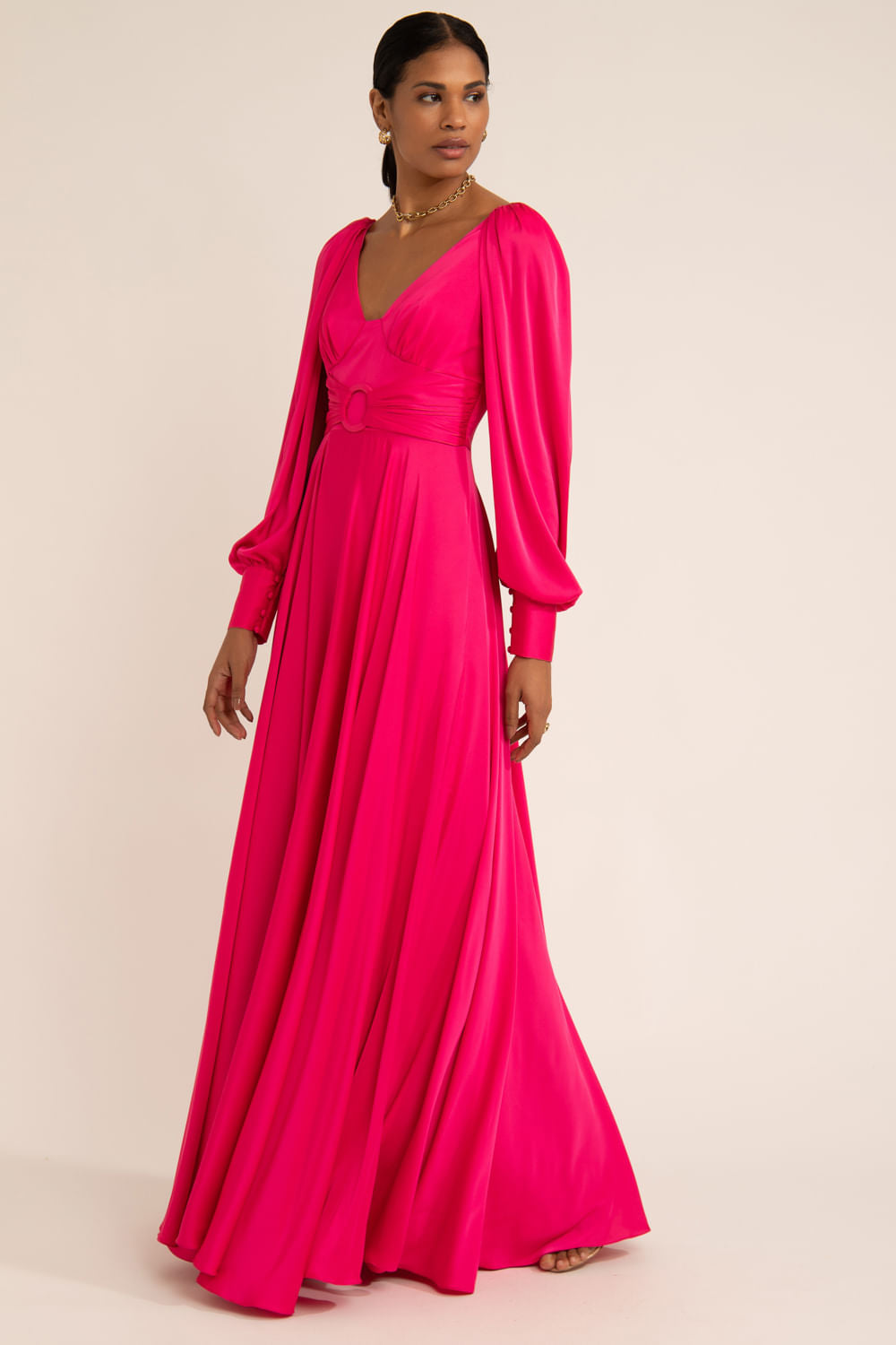 Vestido longo cetim statement pink