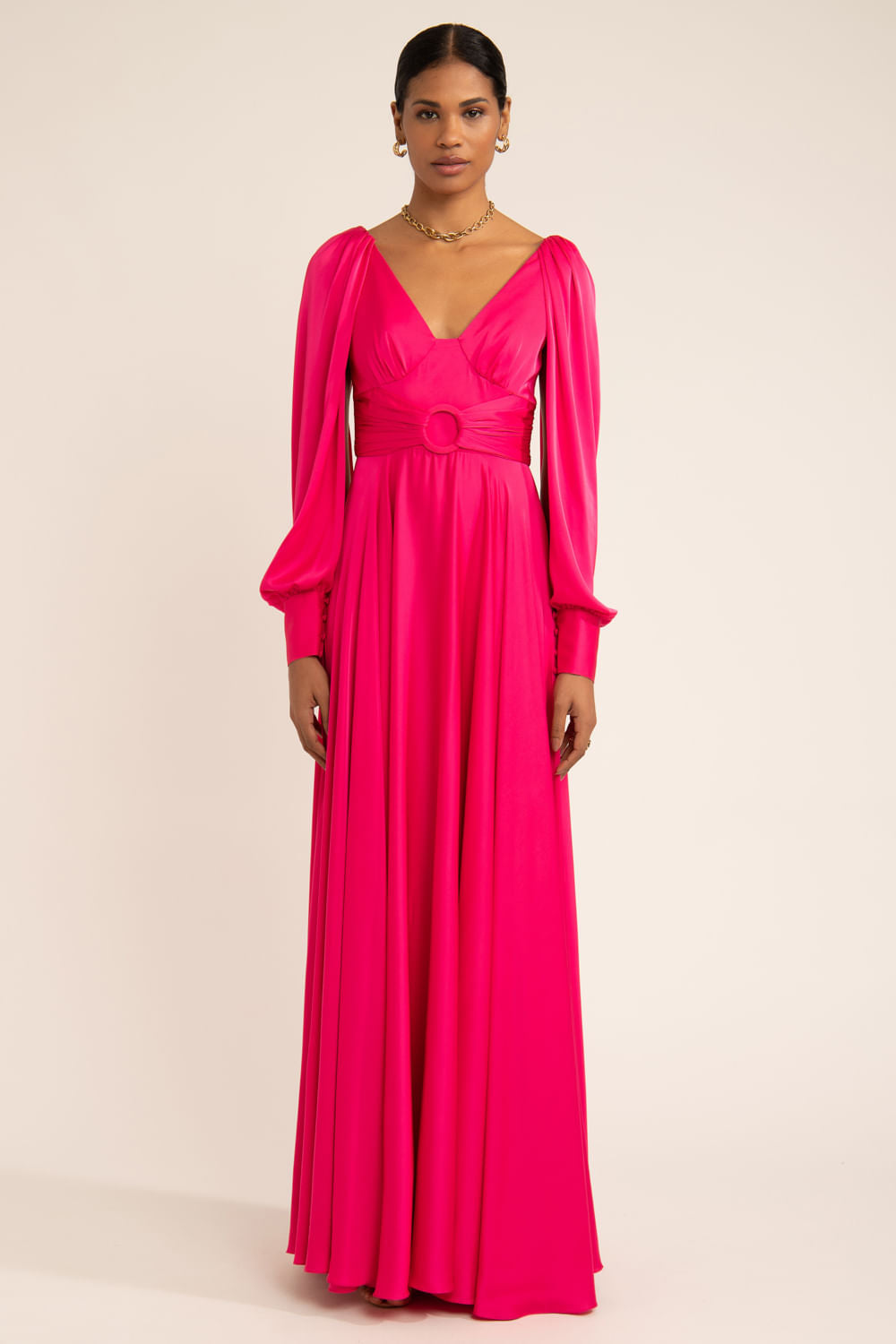Vestido longo cetim statement pink