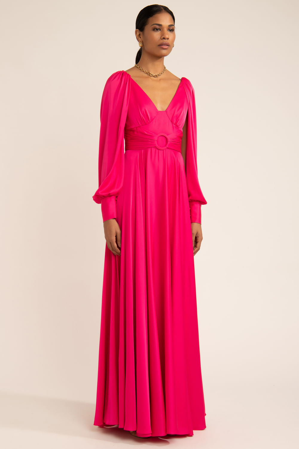 Vestido longo cetim statement pink