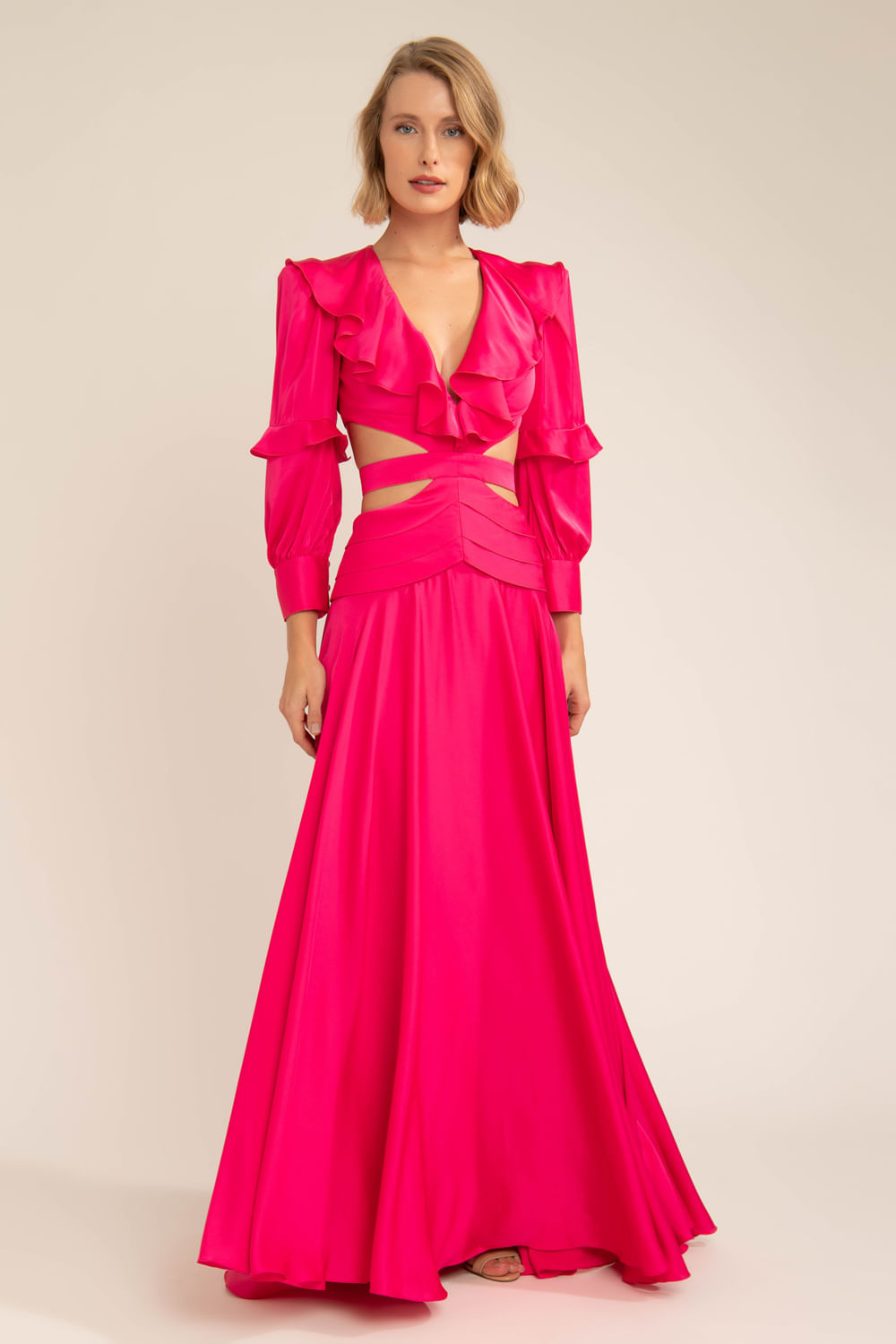 Vestido longo recortes cetim statement pink
