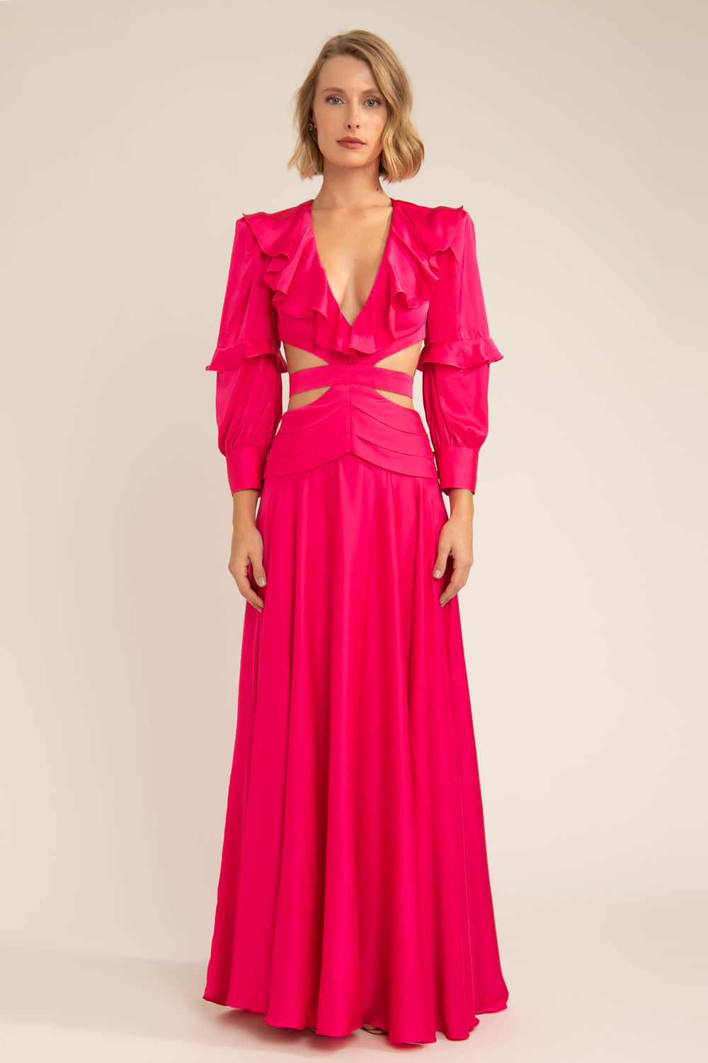 Vestido longo recortes cetim statement pink