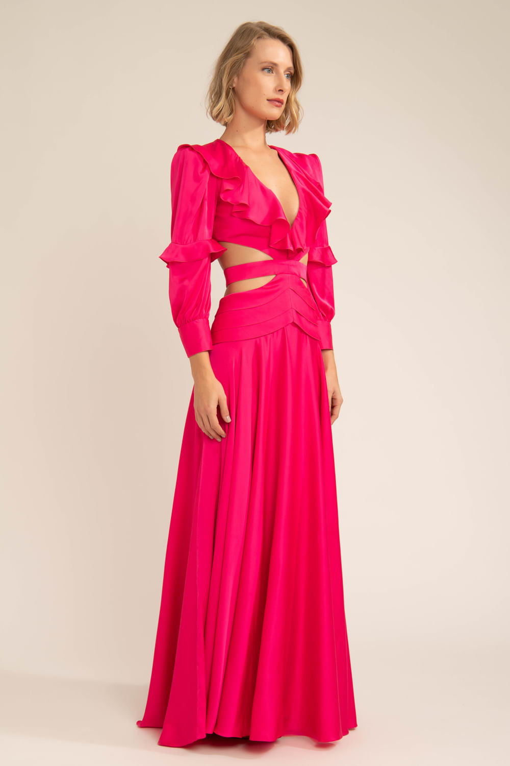 Vestido longo recortes cetim statement pink