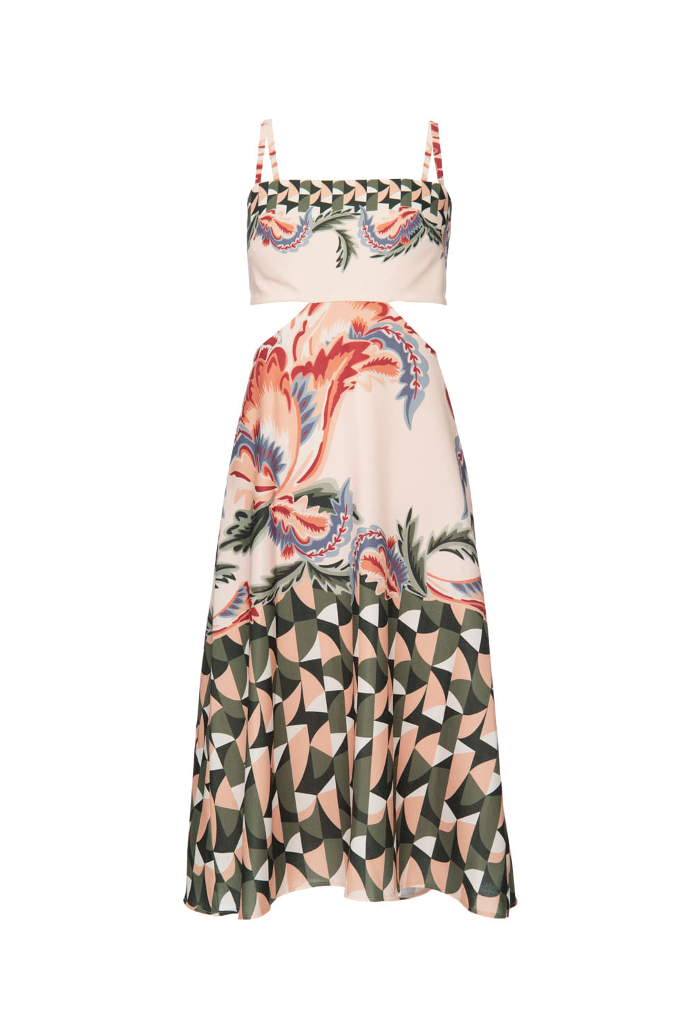 VESTIDO MÍDI RECORTES BARRADO ZELLIJ ROSA CLARO