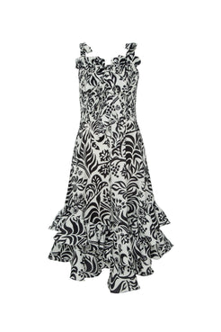 VESTIDO MÍDI ASSIMÉTRICO TROPICAL GRÁFICO OFF WHITE