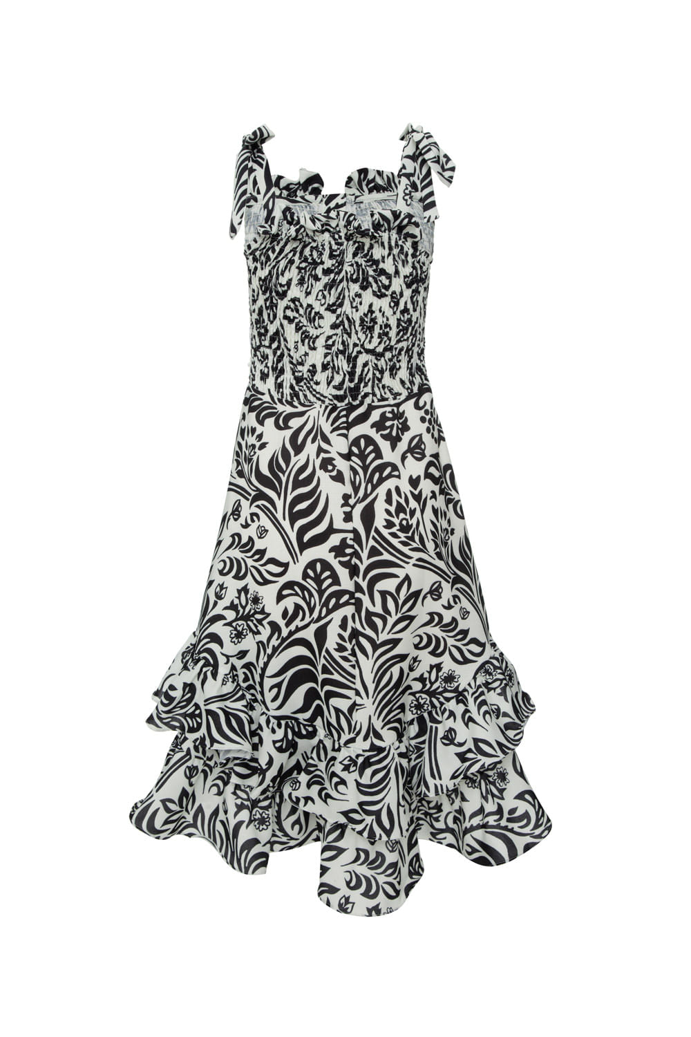 VESTIDO MÍDI ASSIMÉTRICO TROPICAL GRÁFICO OFF WHITE