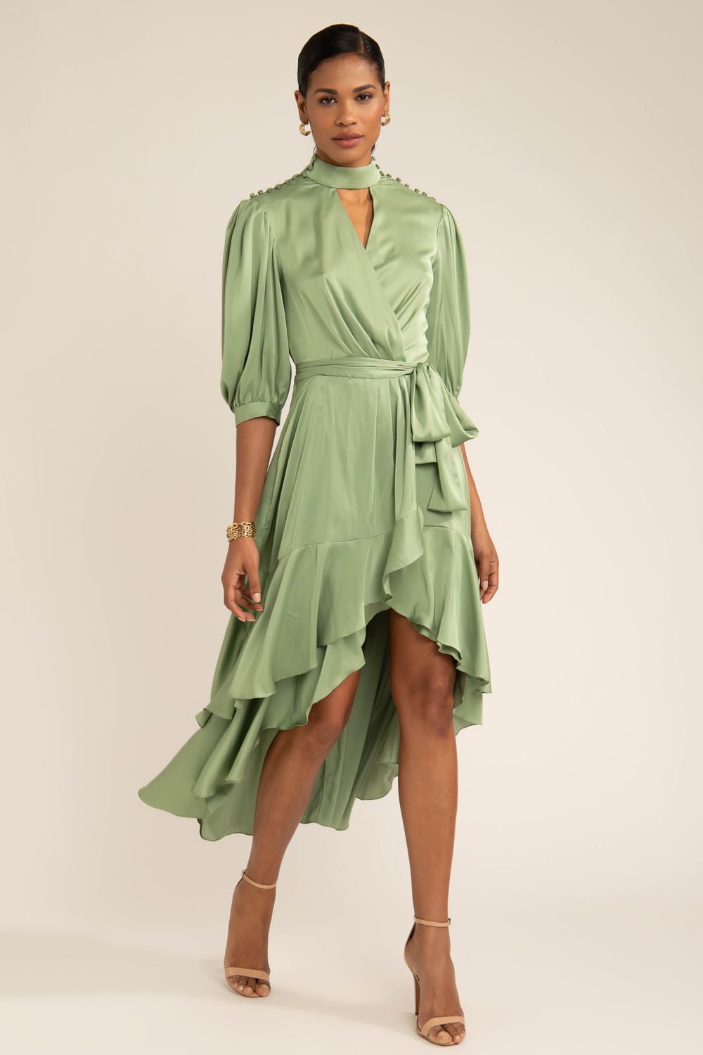 Vestido mídi assimétrico cetim statement verde
