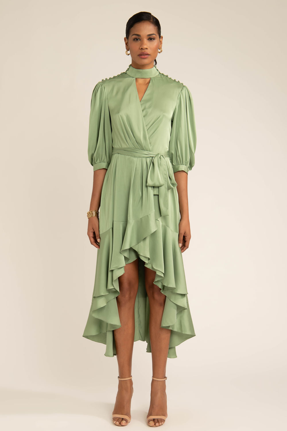Vestido mídi assimétrico cetim statement verde