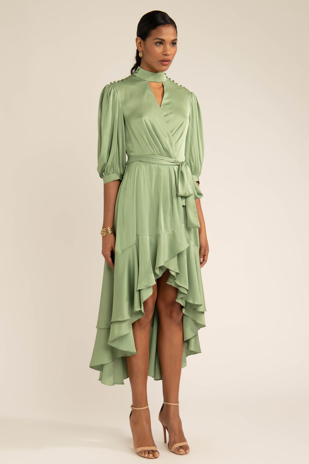 Vestido mídi assimétrico cetim statement verde