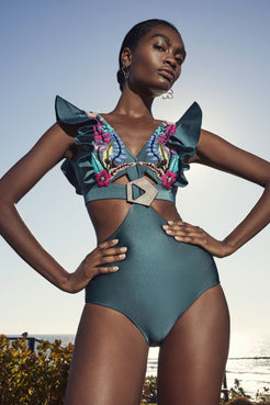 BODY DE BEACH ROSA SELVAGEM COM BORDADO E TELA VERDE