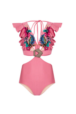 BODY DE BEACH ROSA SELVAGEM COM BORDADO E TELA ROSA
