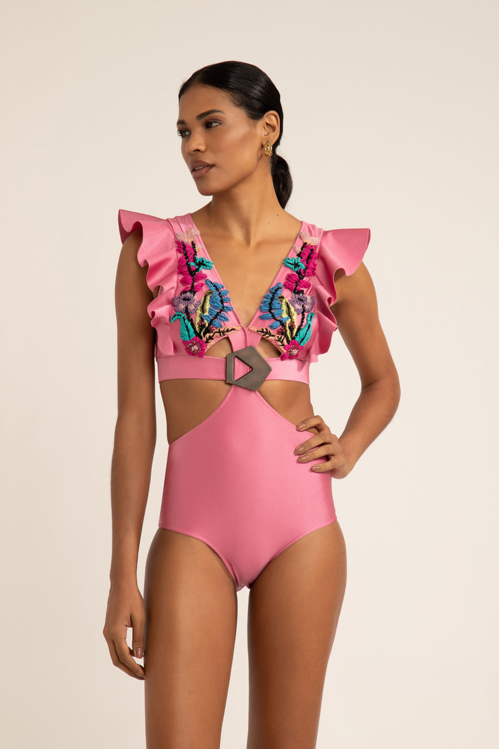 BODY DE BEACH ROSA SELVAGEM COM BORDADO E TELA ROSA