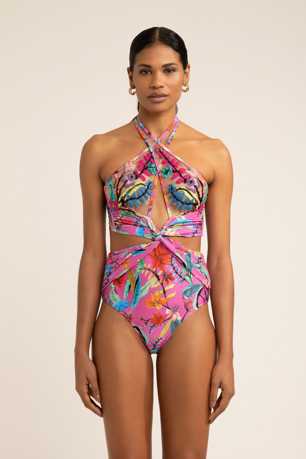 BODY DE LYCRA ZAMIA COM BORDADO ROSA