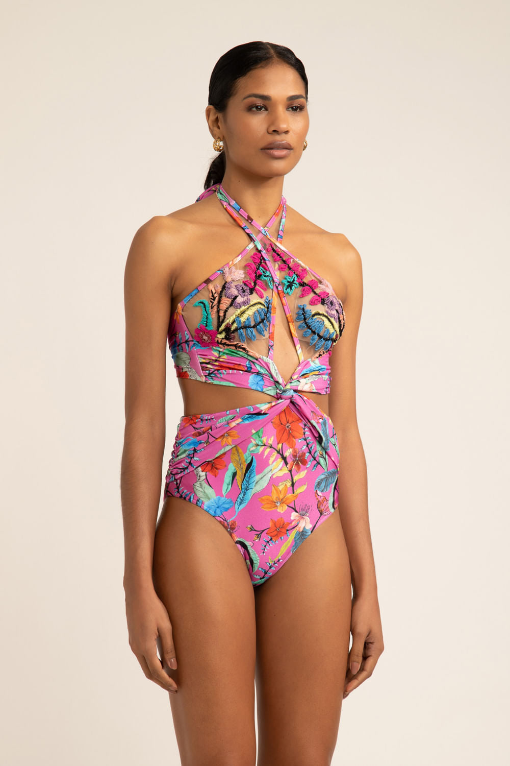 BODY DE LYCRA ZAMIA COM BORDADO ROSA