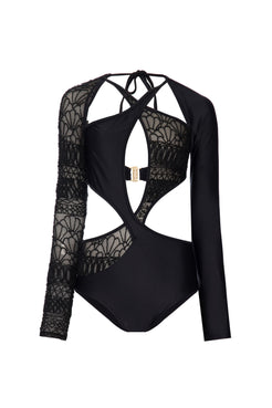 BODY DE BEACH LYCRA PRETA COM TULE BORDADO PRETO