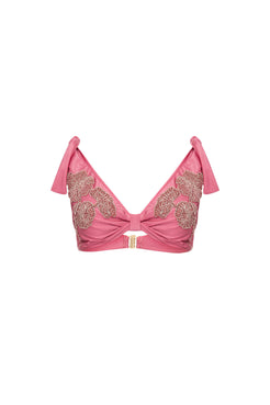 TOP DE BEACH ROSA SELVAGEM COM BORDADO E AMARRAÇÃO NO OMBRO INV22 ROSA