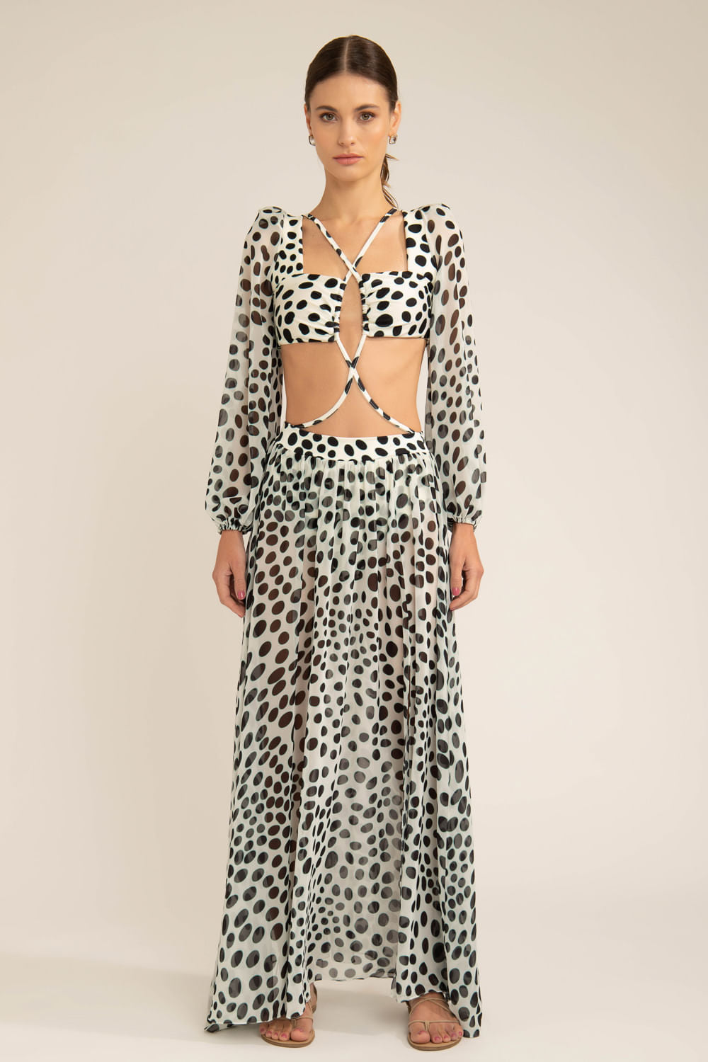 VESTIDO LONGO TRANSPARÊNCIA POÁ BOSSA OFF WHITE