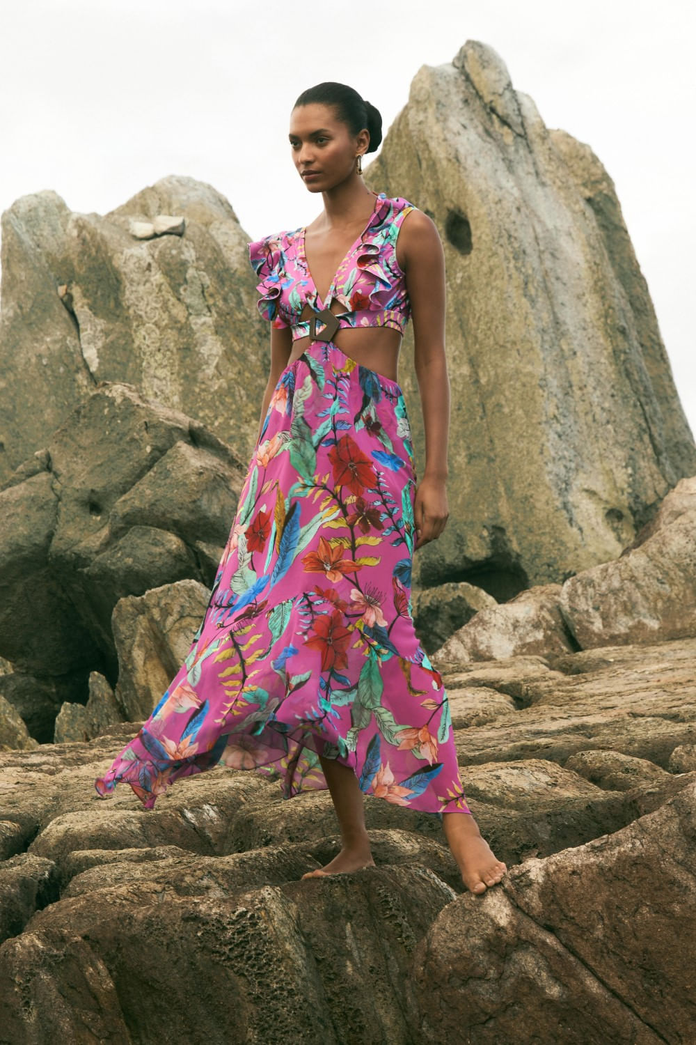 Vestido longo babado zamia rosa