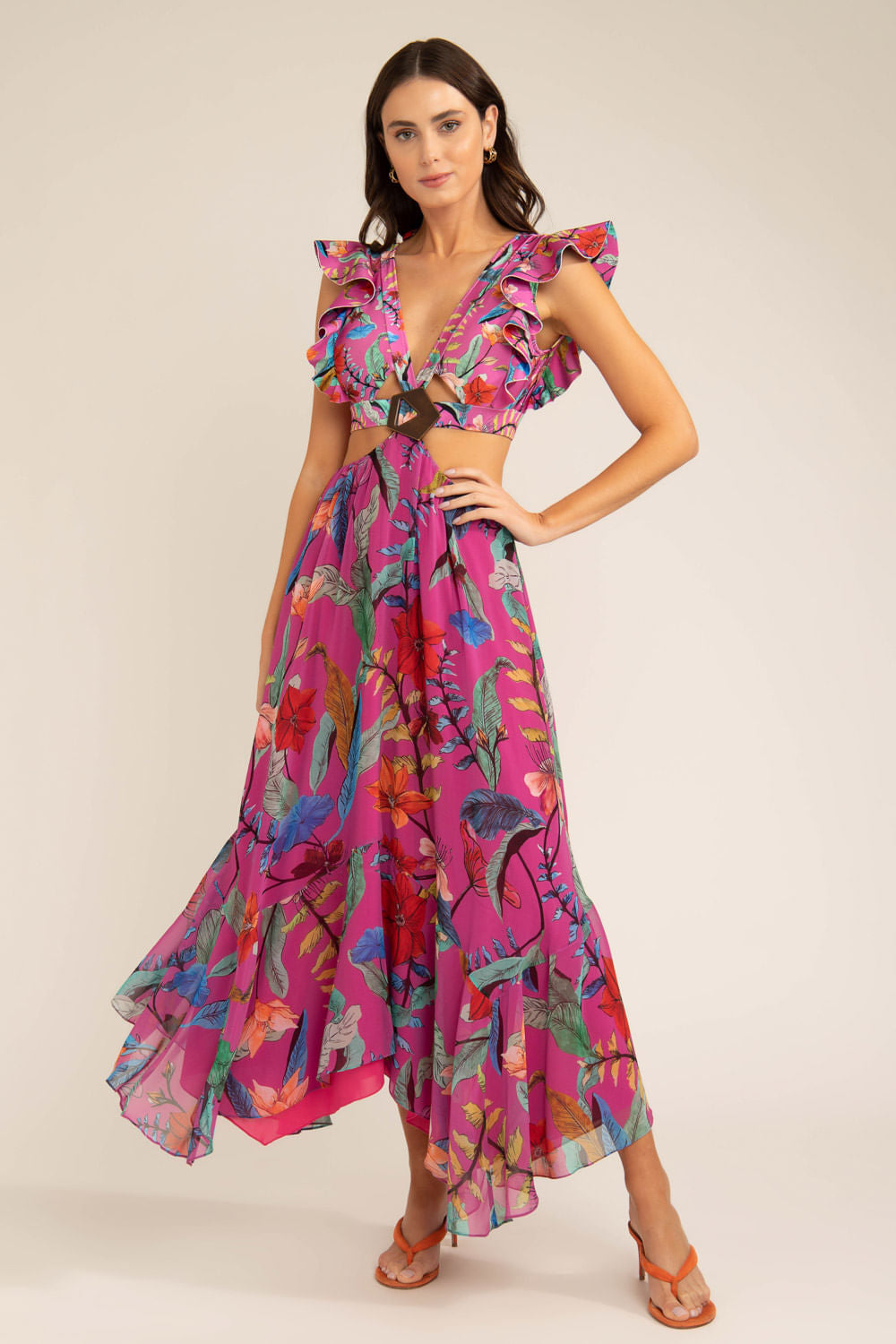 Vestido longo babado zamia rosa