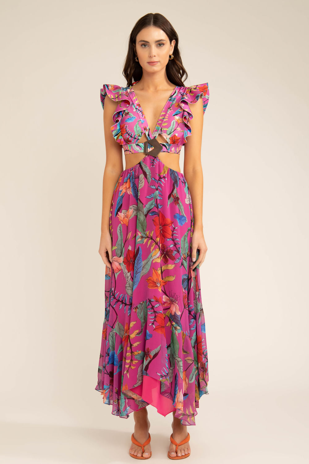 Vestido longo babado zamia rosa