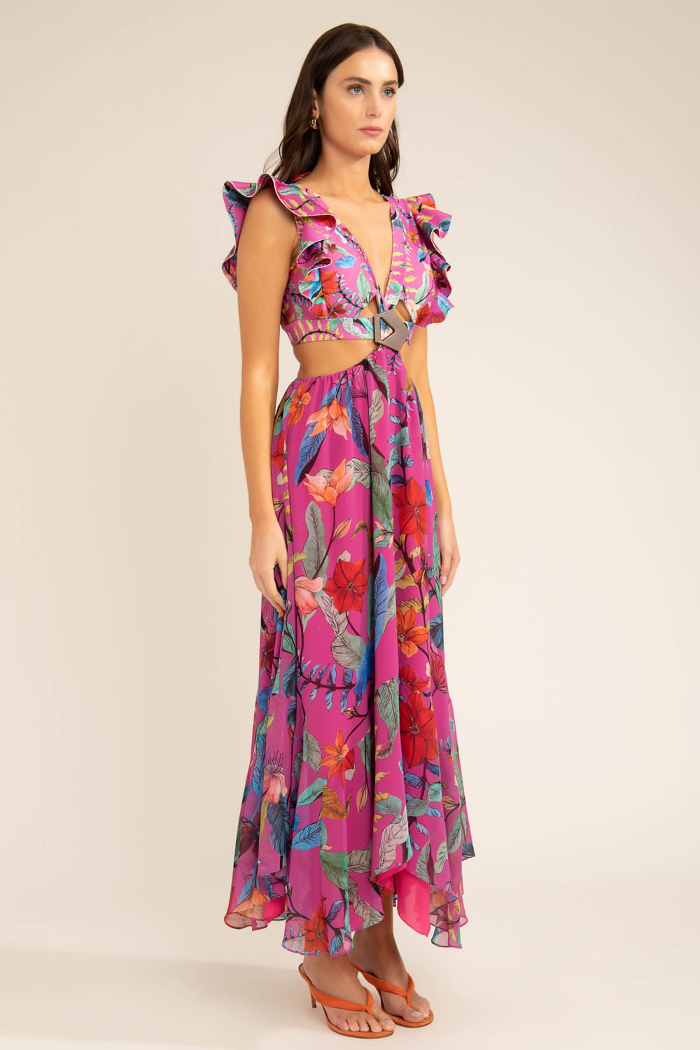 Vestido longo babado zamia rosa
